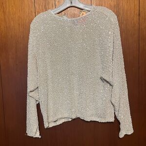 Vintage White Sequin Long Sleeve Blouse – Luxury Quality Elegant Sparkle, Size M